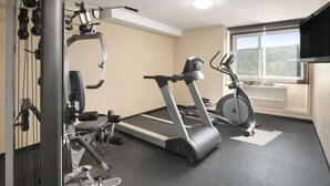 Une salle de sport équipée de machines de cardio, de poids et d’une fenêtre offrant une belle vue.