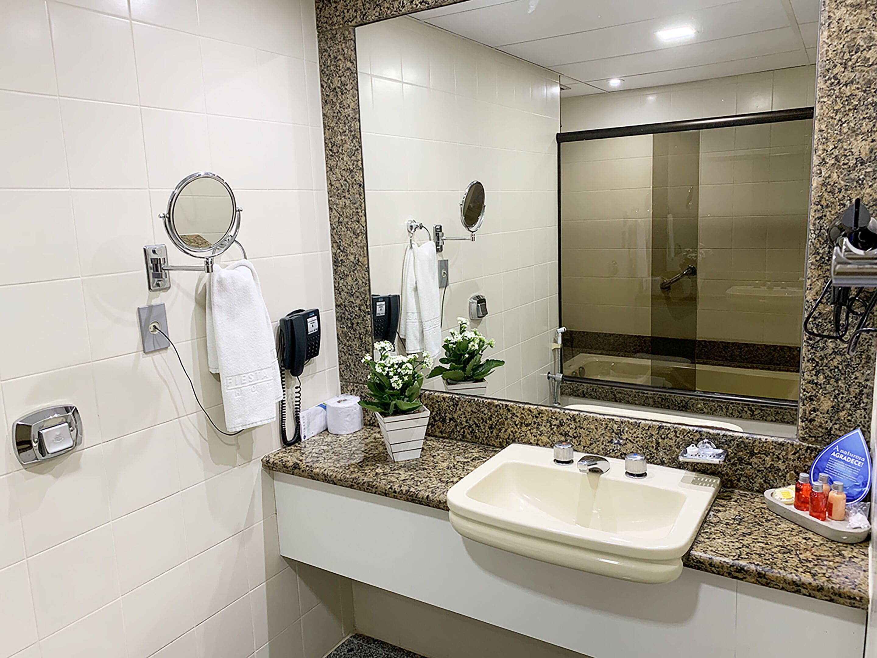 hair dryer, towels, soap, shampoo