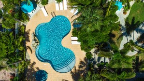 An aerial view of a uniquely shaped swimming pool surrounded by palm trees and lounge chairs. - Tropical Breeze Resort (Siesta Key)