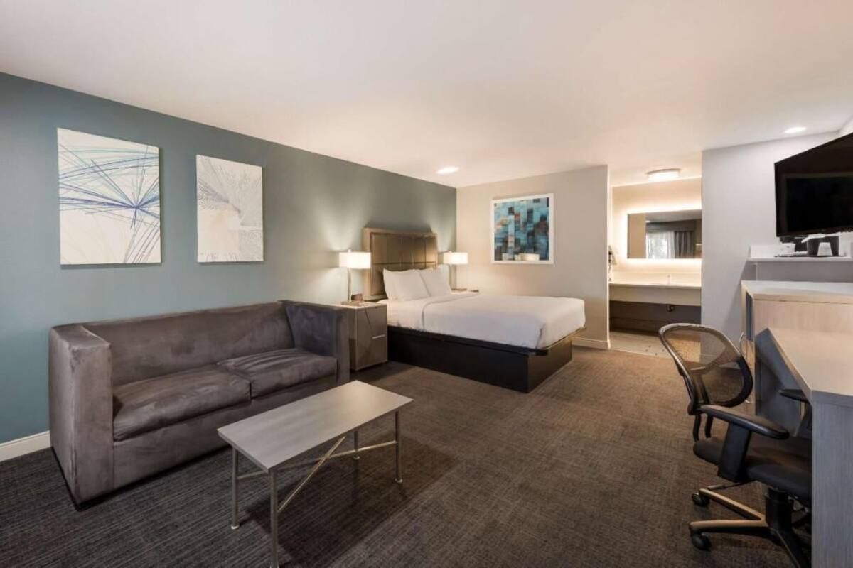 A hotel room with a bed, a sofa, a desk, and a TV.