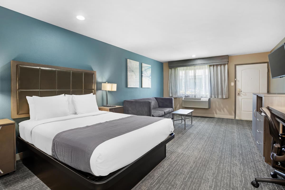 A hotel room with a large bed, a desk, a chair, a TV, and a window with curtains.