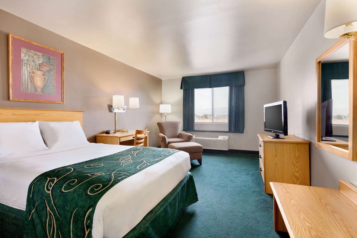 A hotel room with a large bed, a desk, a chair, a television, and a window with a view.