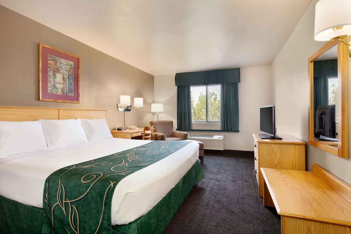 A hotel room with a large bed, a desk, a chair, a TV, and a window with curtains.