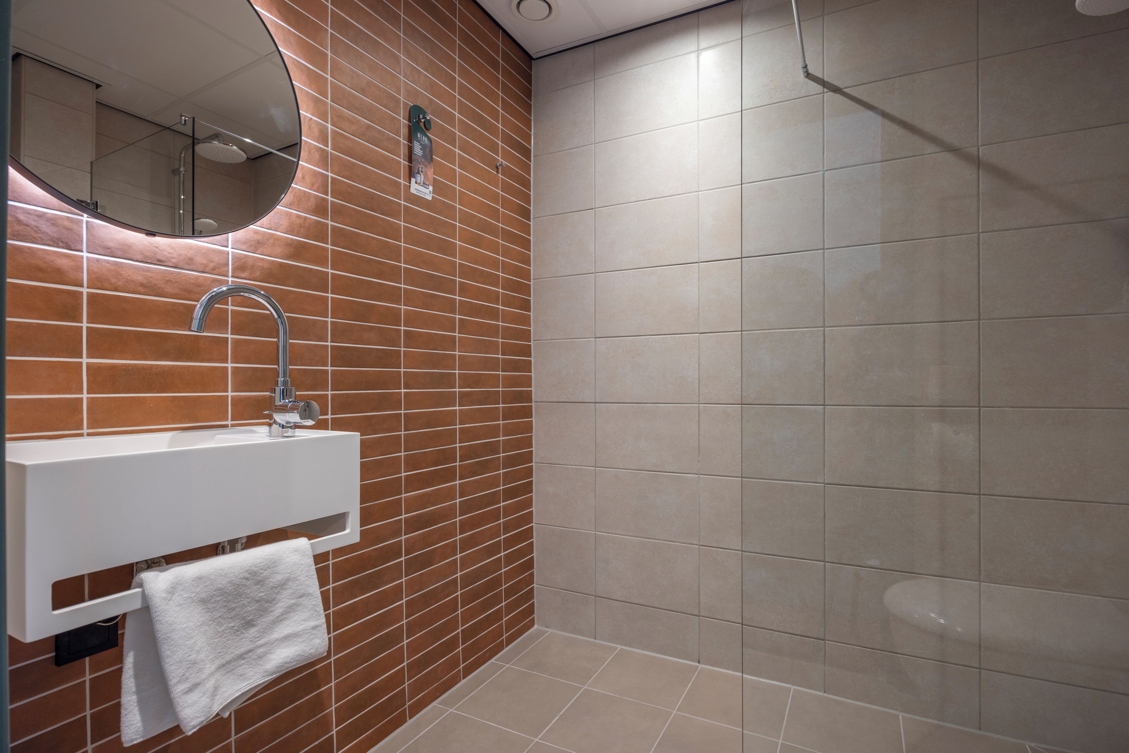 A modern bathroom with a white sink, a mirror, and a shower area.