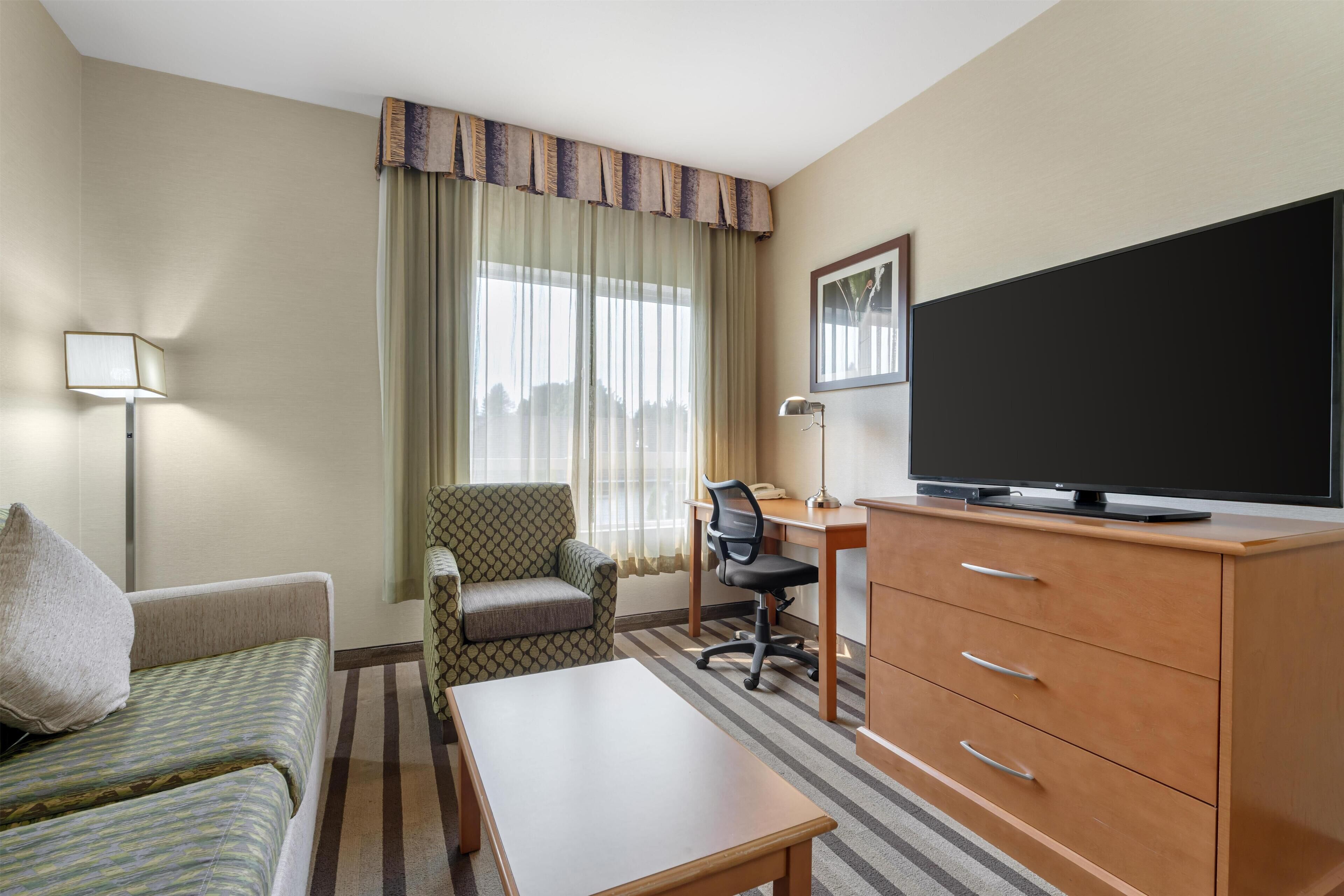 Une chambre d’hôtel équipée d’un canapé, d’un bureau avec un ordinateur, d’une télévision et d’une lampe.