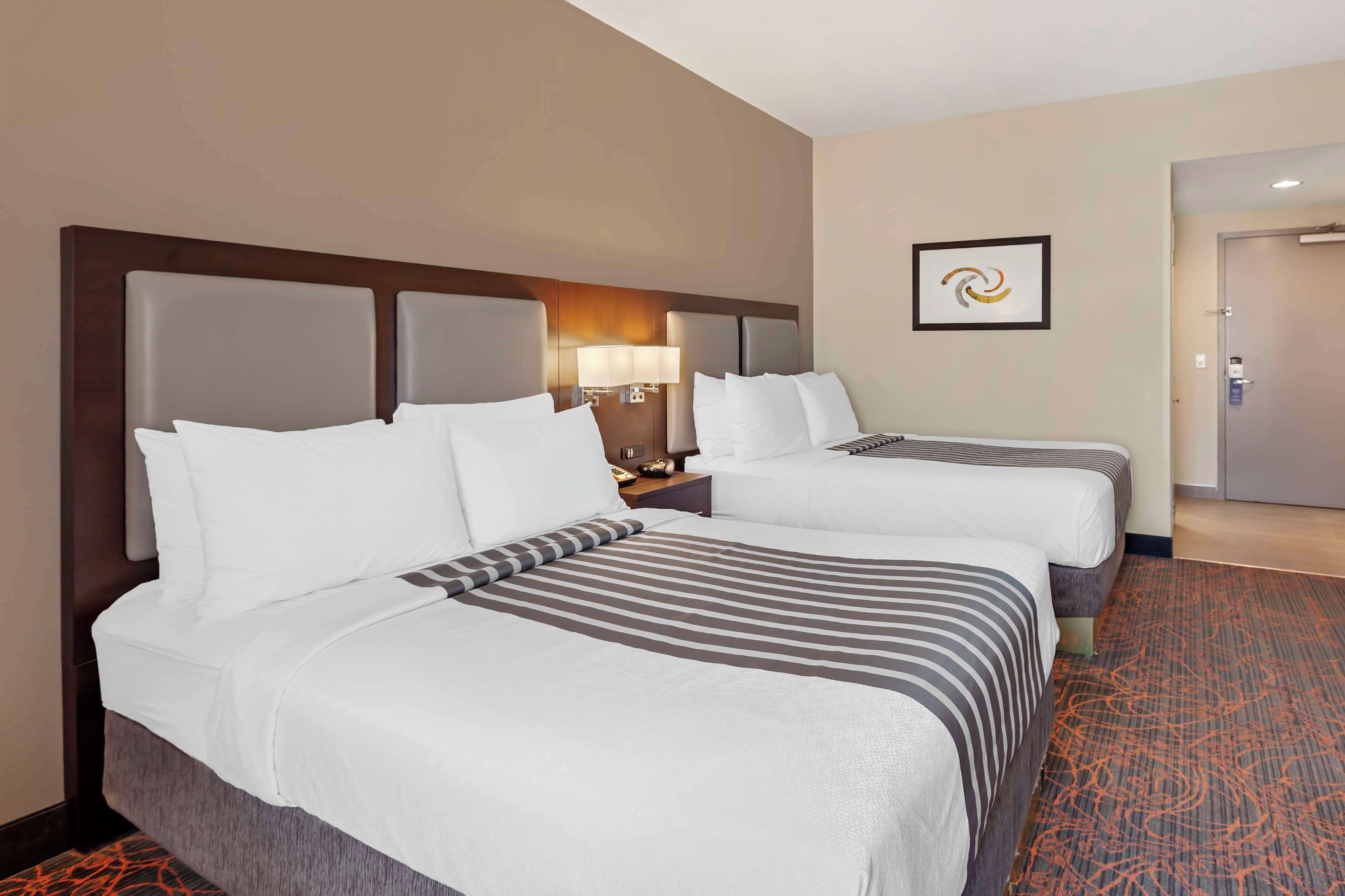 Quarto de hotel com duas camas, uma mesa de cabeceira, uma luminária e um quadro na parede.