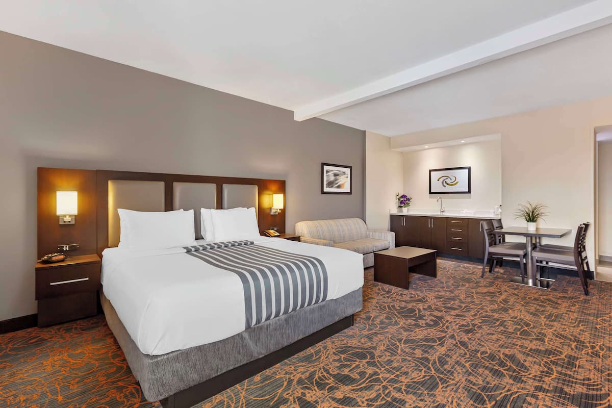 A hotel room with a large bed, a desk, a chair, a sofa, and a small table.