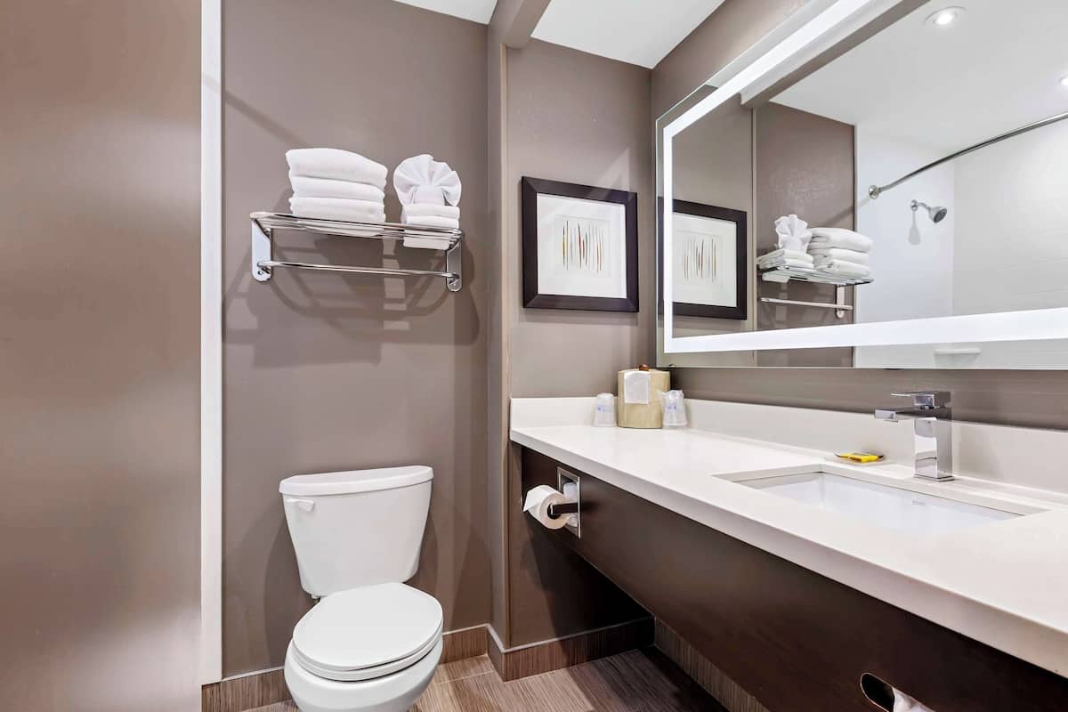 standard room, 2 queen beds, non smoking, refrigerator & microwave | bathroom | rainfall showerhead, free toiletries, hair dryer, towels