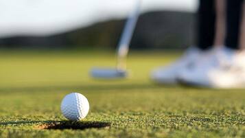 Una pelota de golf sobre un campo verde, con un palo de golf al fondo.