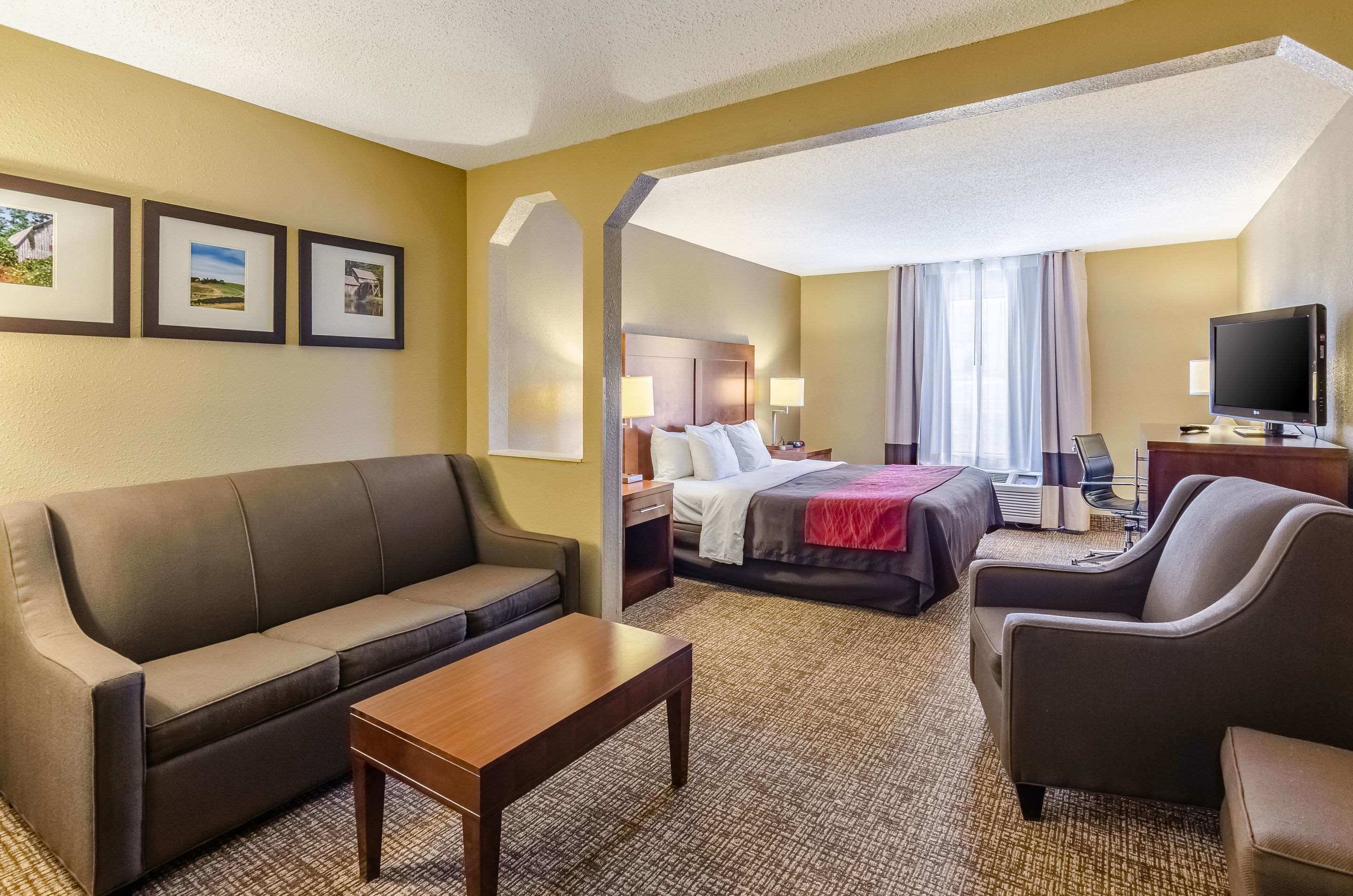 Una habitación de hotel con sofá, cama, televisión y escritorio.