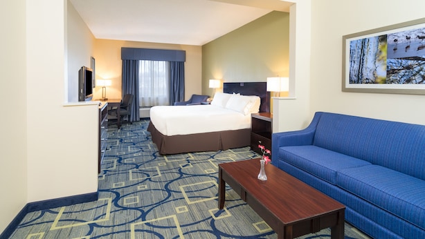 A hotel room with a bed, a blue sofa, a desk, and a TV.