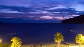 A beach scene with palm trees and a sunset. - Itilo Traditional Hotel (East Mani)
