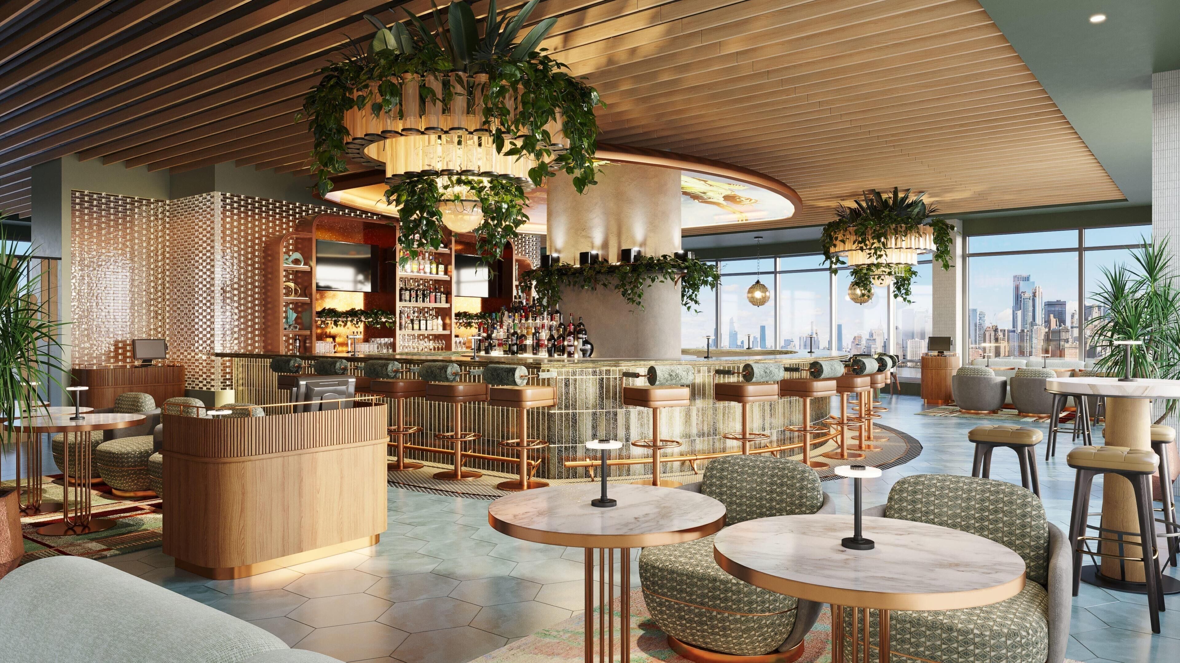 Zona de bar moderna con asientos, vistas a la ciudad y una mezcla de muebles de madera y tapizados.