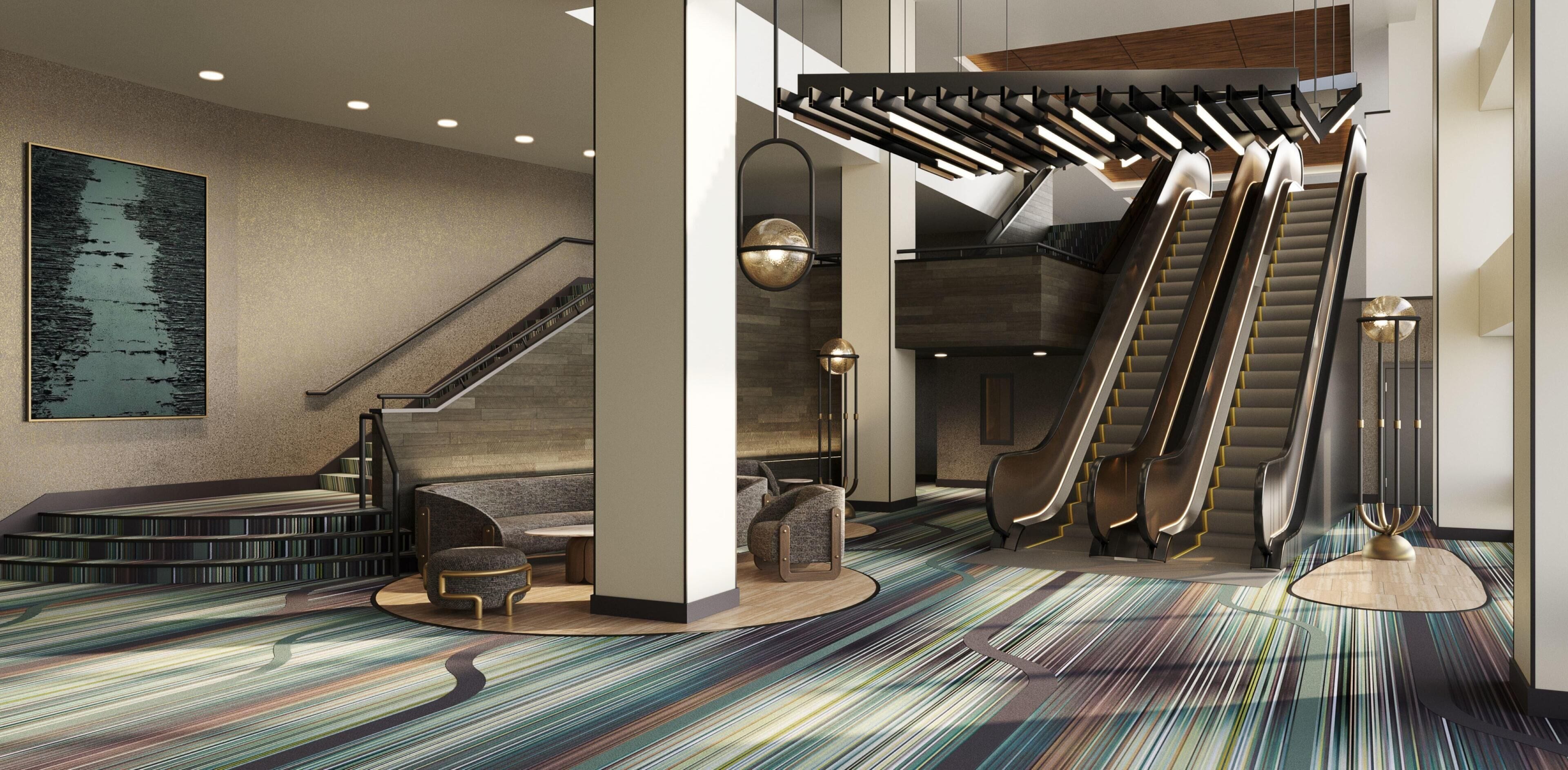 A modern interior with a staircase, seating area, and a large abstract painting.