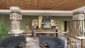 A modern interior with a wooden ceiling, a central kitchen area, and seating arrangements. - Hyatt Regency Jersey City on the Hudson (Jersey City)
