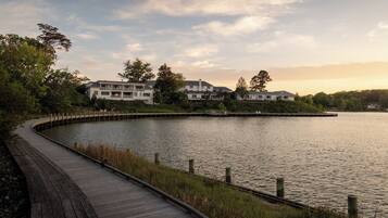 A waterfront property with a wooden boardwalk leading to a dock, surrounded by trees and a calm lake.