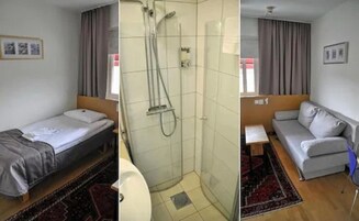 Una habitación con cama, ducha y sofá.