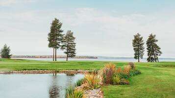 Stroll through the serene landscape, surrounded by well-manicured grass and tranquil water features.