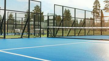 Tenniskenttä, jossa on verkko, ja jonka ympärillä on metalliaita. Taustalla näkyy puita.