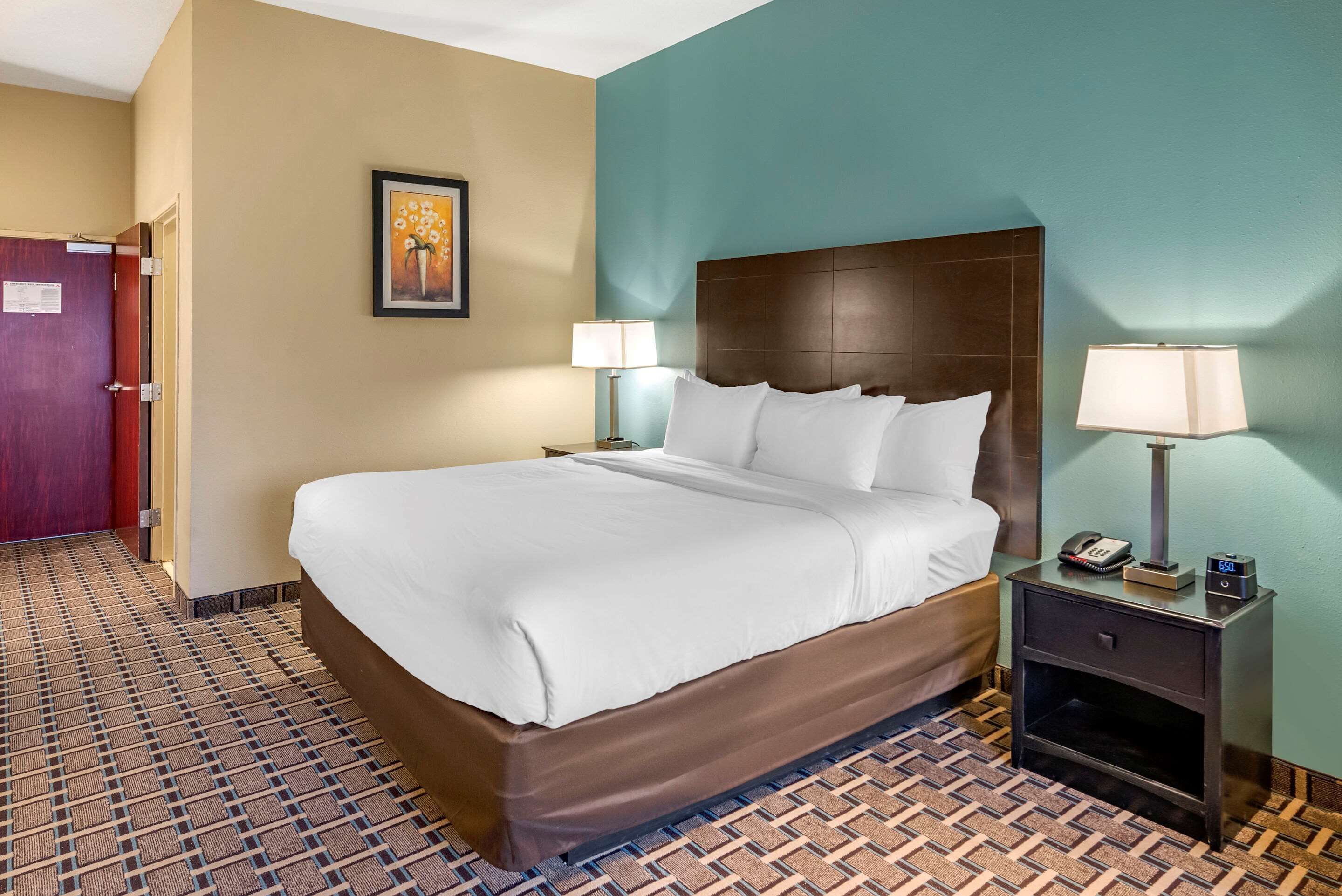 A hotel room with a large bed, two bedside tables with lamps, a framed picture on the wall, and a patterned floor.