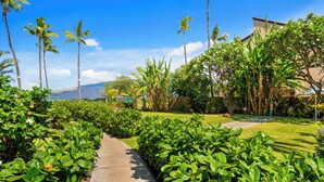 A pathway lined with lush greenery and tall palm trees, leading to a building with a red roof. - Maui Schooner Resort (Kihei)