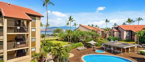 Outdoor pool, pool umbrellas