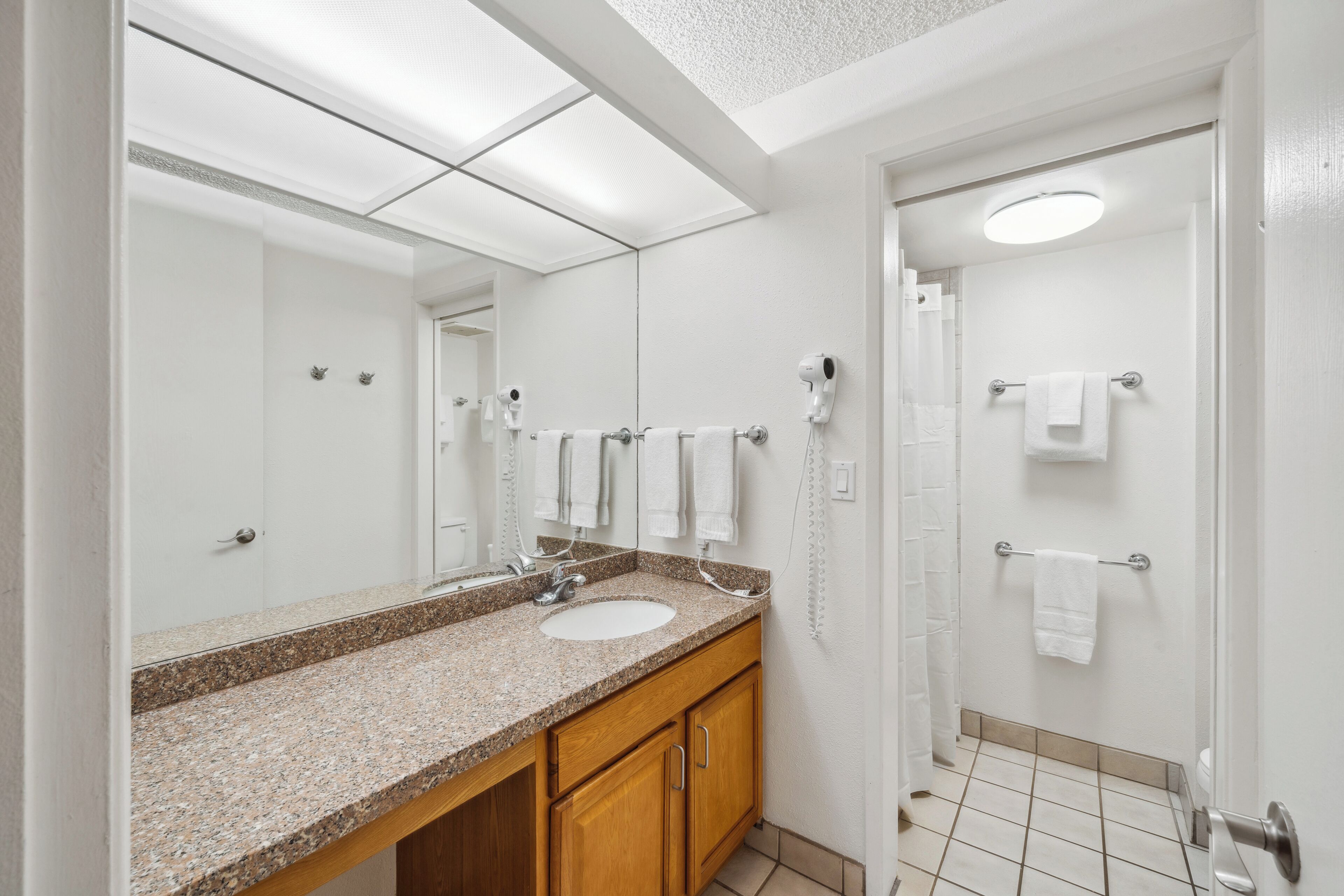 Un baño con lavamanos de encimera de granito, armarios de madera, un espejo grande y zona de ducha con toallero.