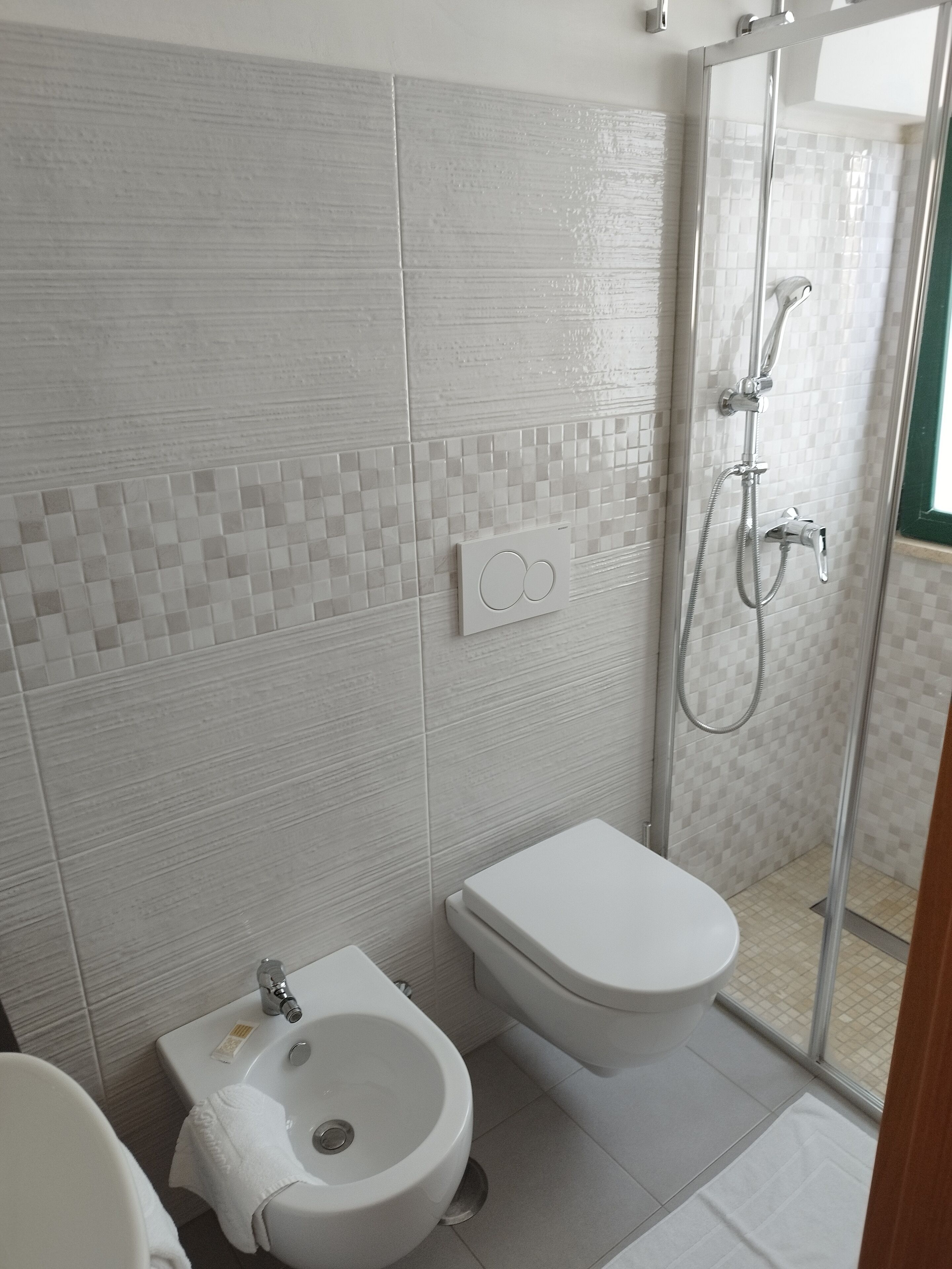 Un baño con bidé, inodoro y zona de ducha con mampara de vidrio.