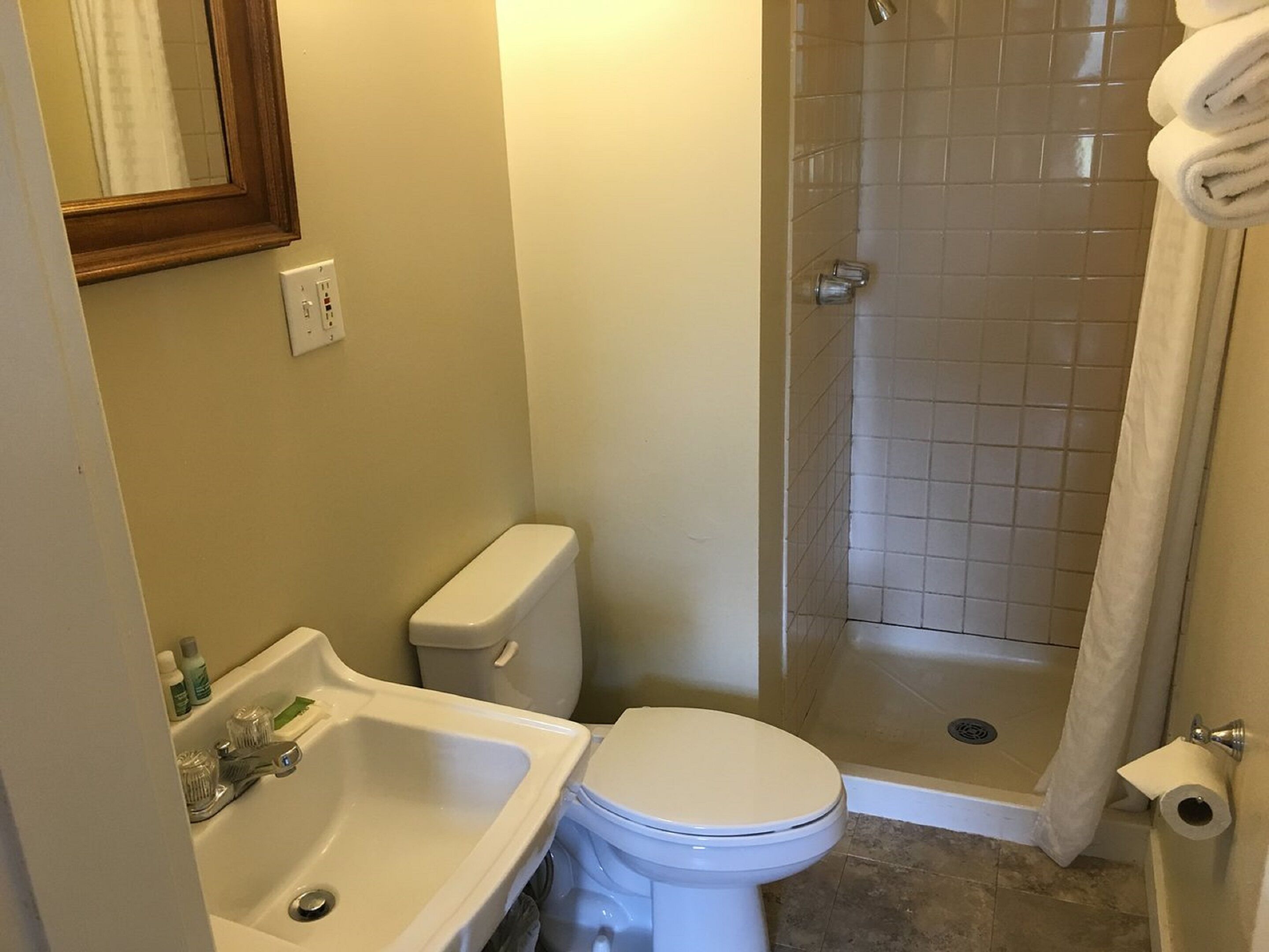 combined shower/bathtub, free toiletries, hair dryer, towels