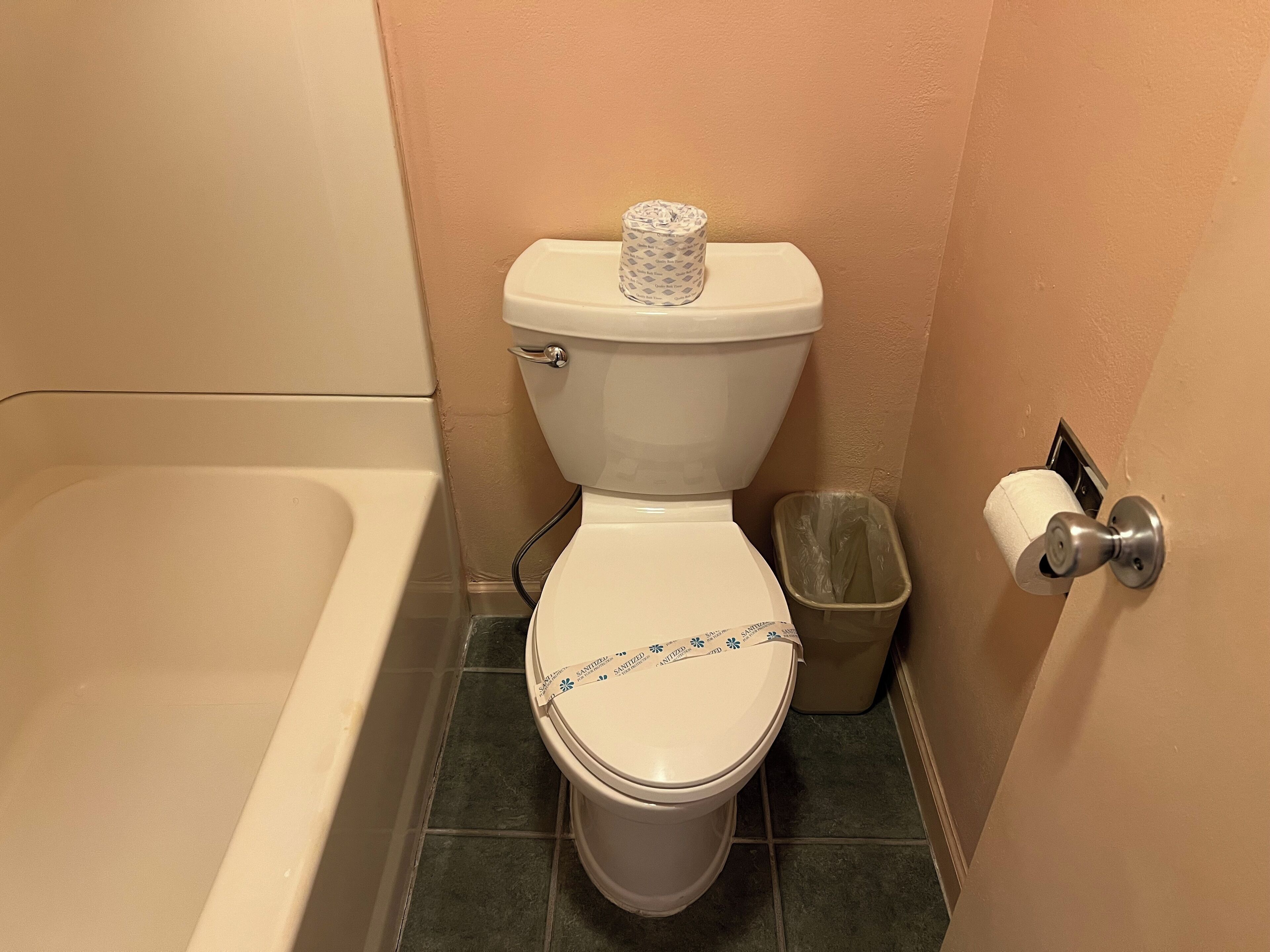 A bathroom with a toilet, a trash can, and a toilet paper holder.