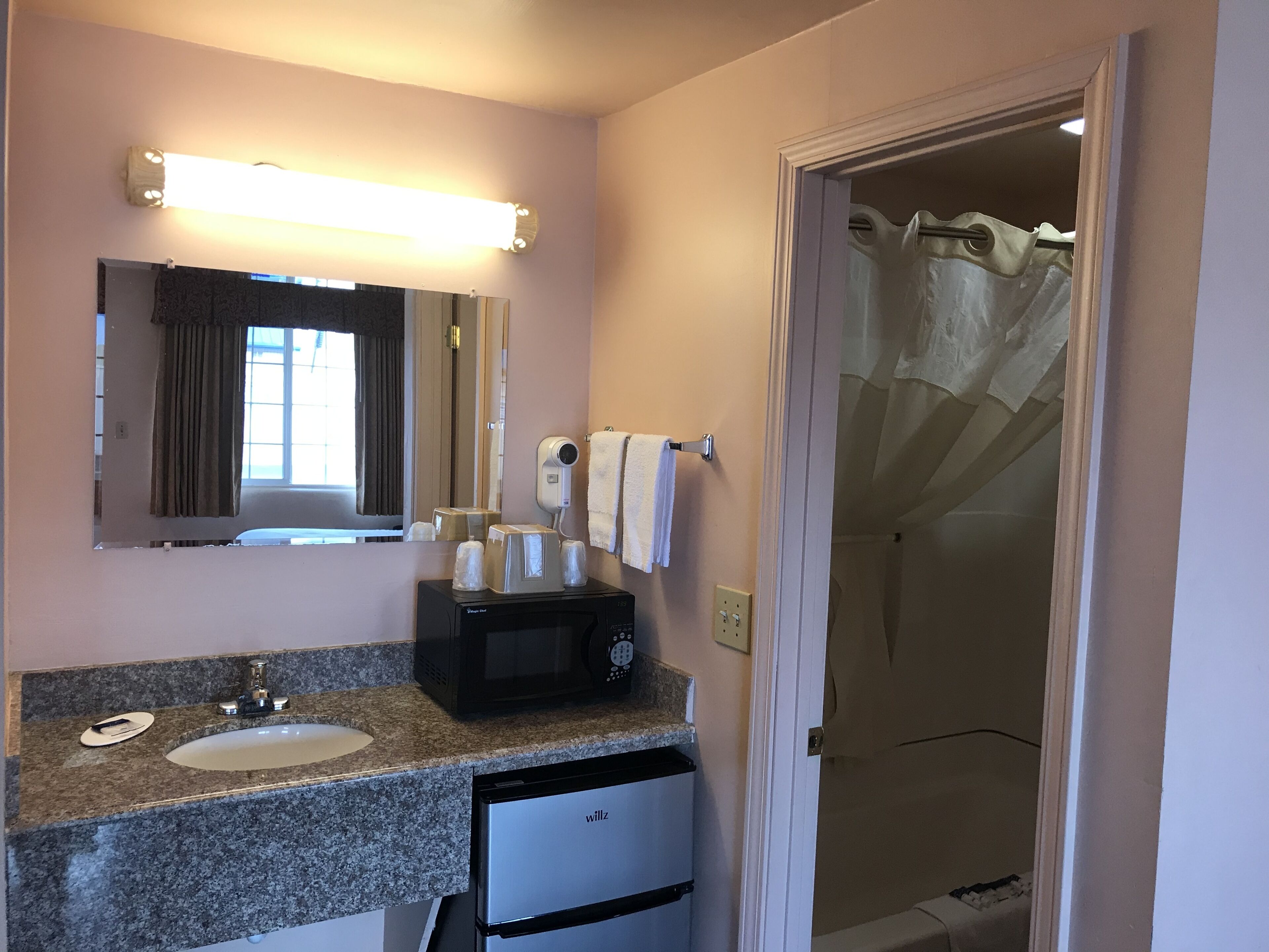 A bathroom with a sink, a mirror, a hairdryer, and a shower curtain.