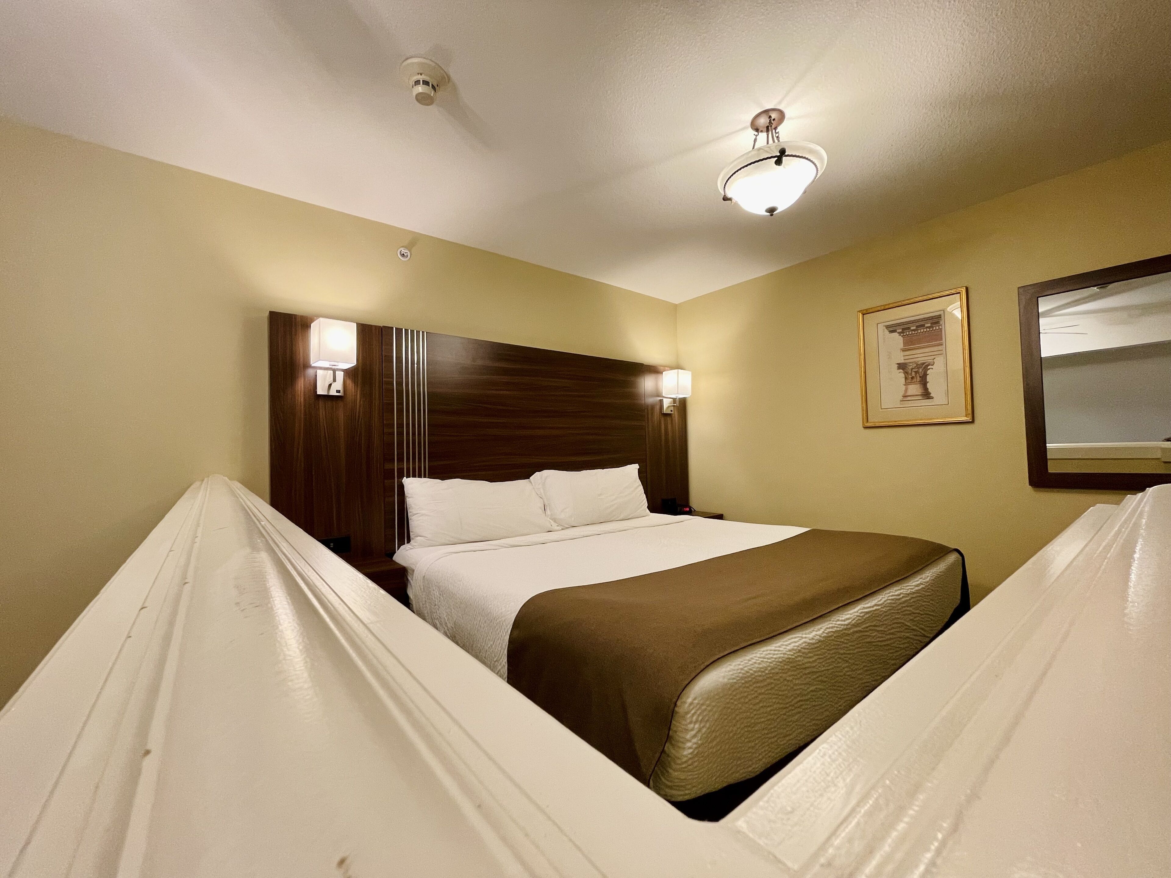 A hotel room with a large bed, two bedside lamps, a ceiling light, and a framed picture on the wall.
