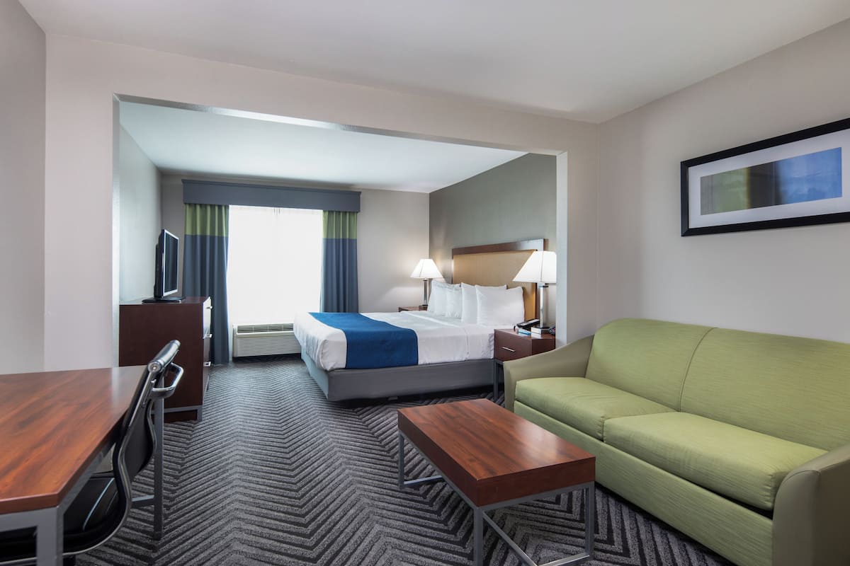 A hotel room with a bed, a green sofa, a desk with a chair, a TV, and a framed picture on the wall.