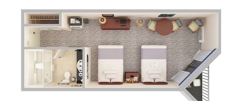 A hotel room layout with a bed, a desk, a chair, a small table, a sofa, and a bathroom.