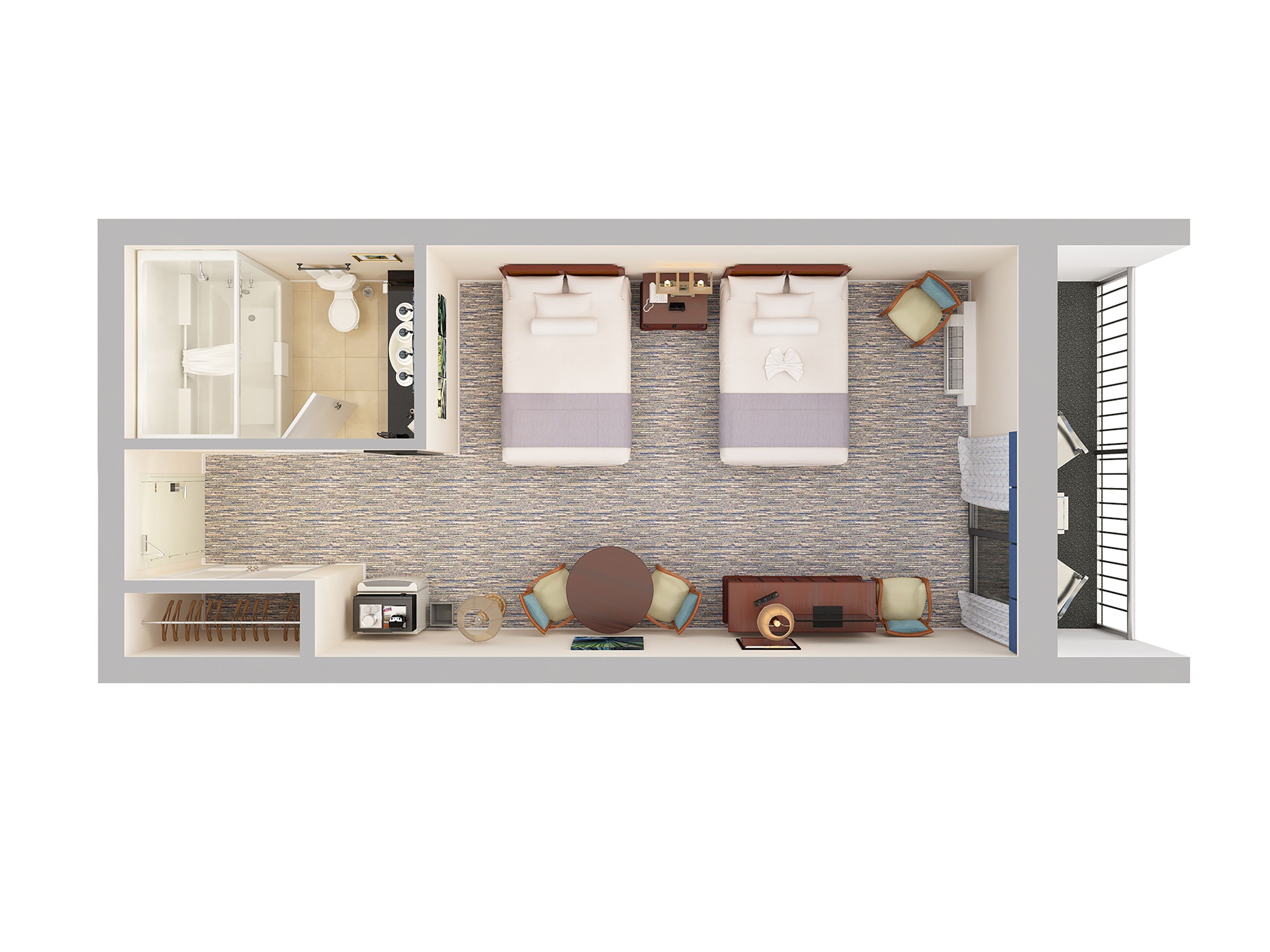 A hotel room layout with two beds, a bathroom, a seating area, and a small kitchenette.