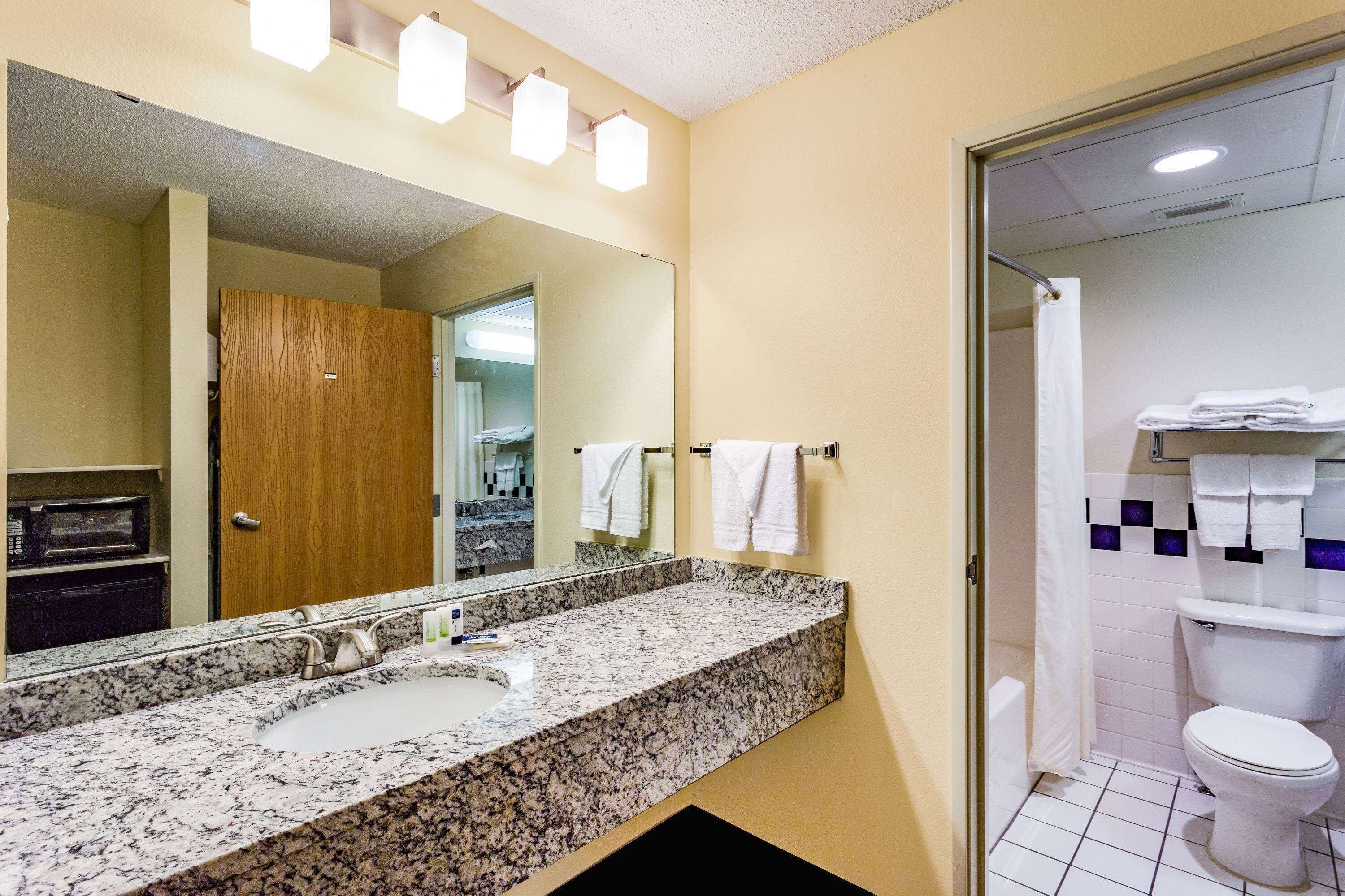 A bathroom with a granite countertop sink, a large mirror, and a shower area.