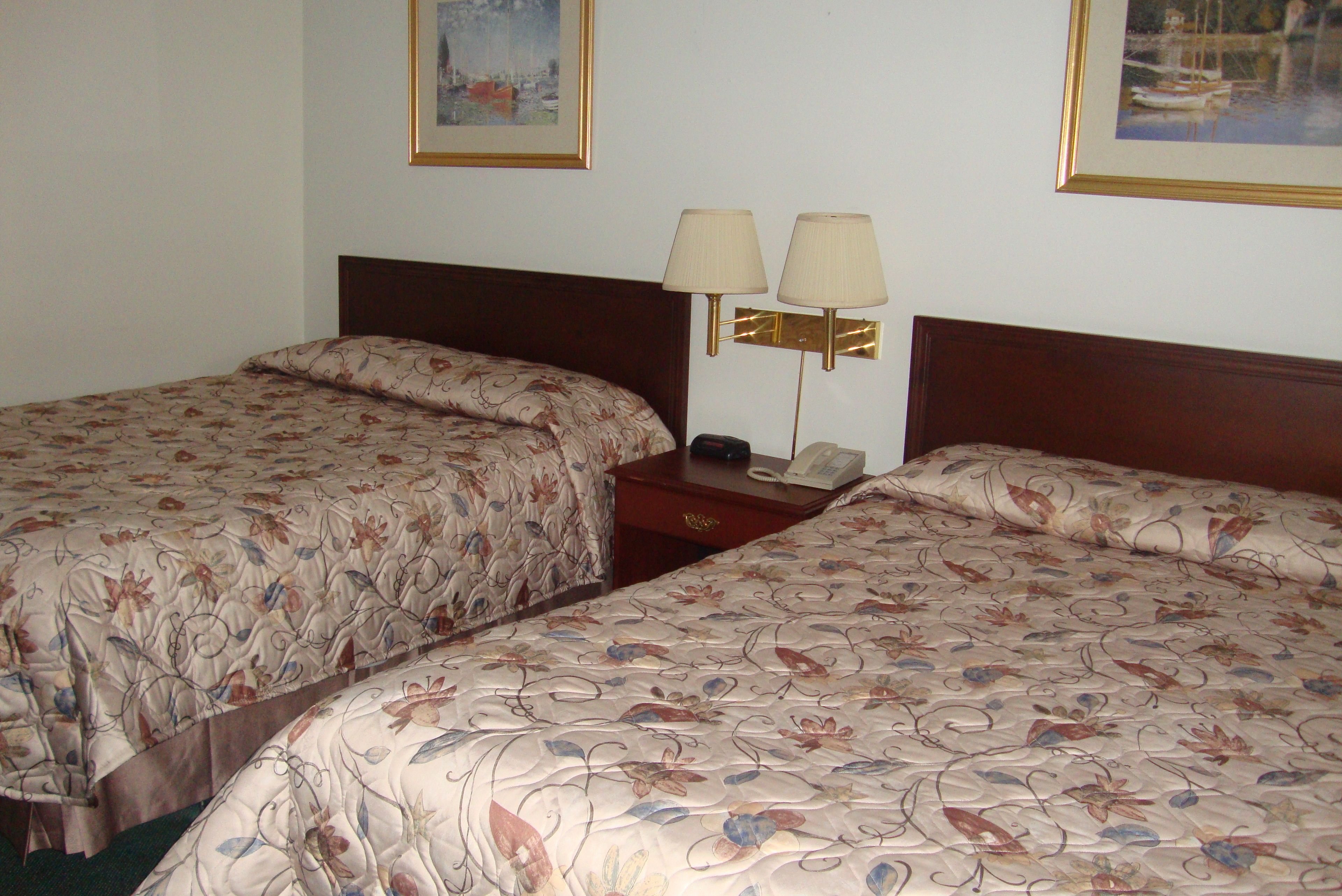 A hotel room with two single beds, each with floral-patterned bedding, a wooden headboard, and a nightstand with a lamp and a telephone.