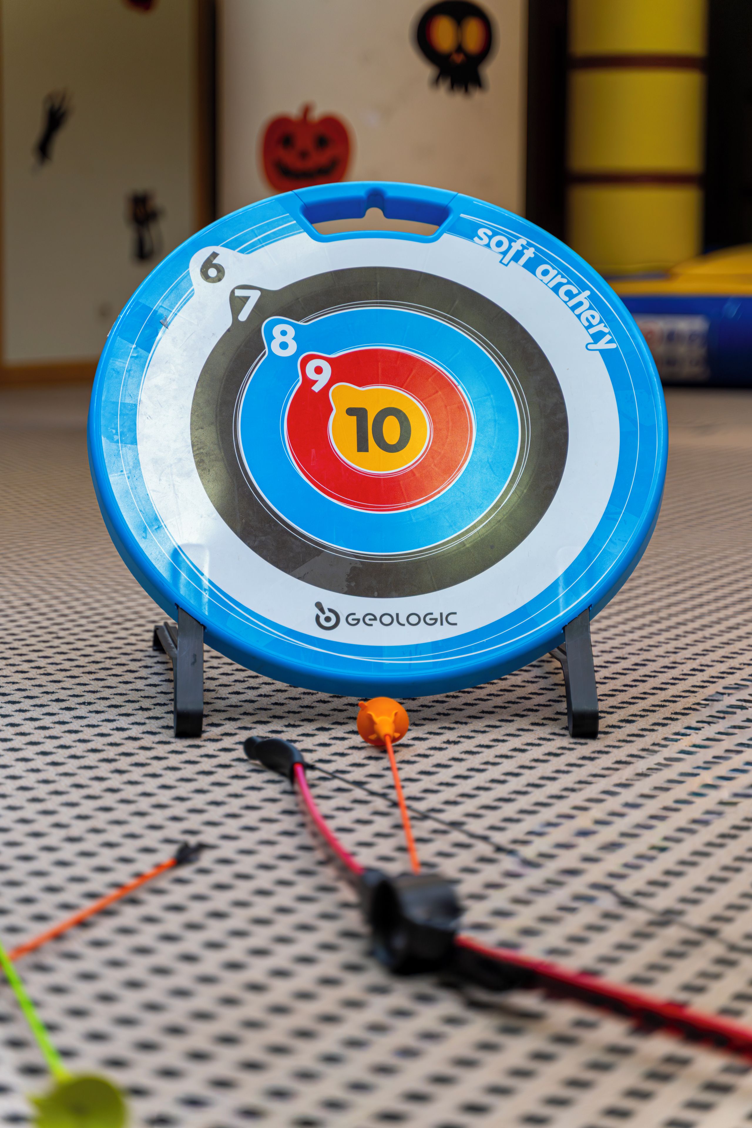 A dartboard with numbered rings and the brand 'Geologic' on it.