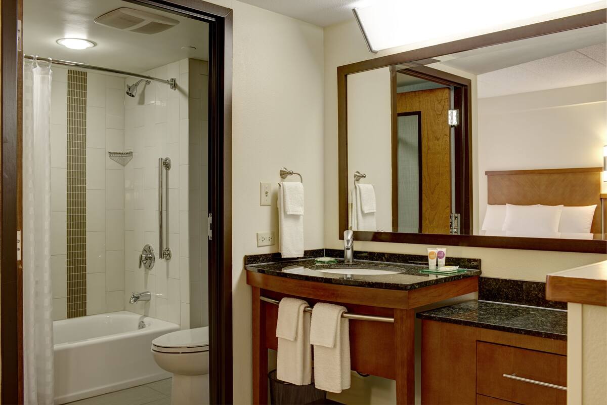 combined shower/bathtub, designer toiletries, hair dryer, towels