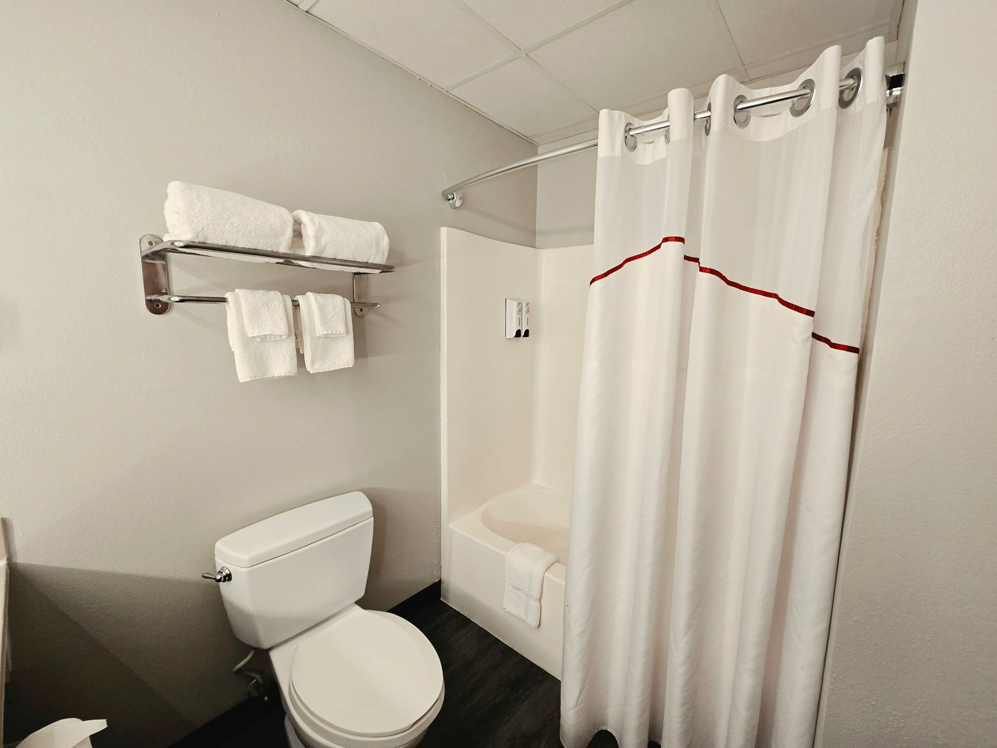 A bathroom with a toilet, a shower, and a towel rack.