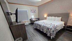 A hotel room with a bed, desk, chair, and a television.