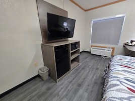 Habitación de hotel con televisión de pantalla plana sobre un soporte de madera, un refrigerador pequeño, un cesto de basura, una ventana con vistas y una cama con colcha estampada.