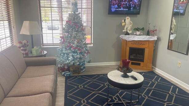 Un salon avec un sapin de Noël, une cheminée, un téléviseur et un canapé.