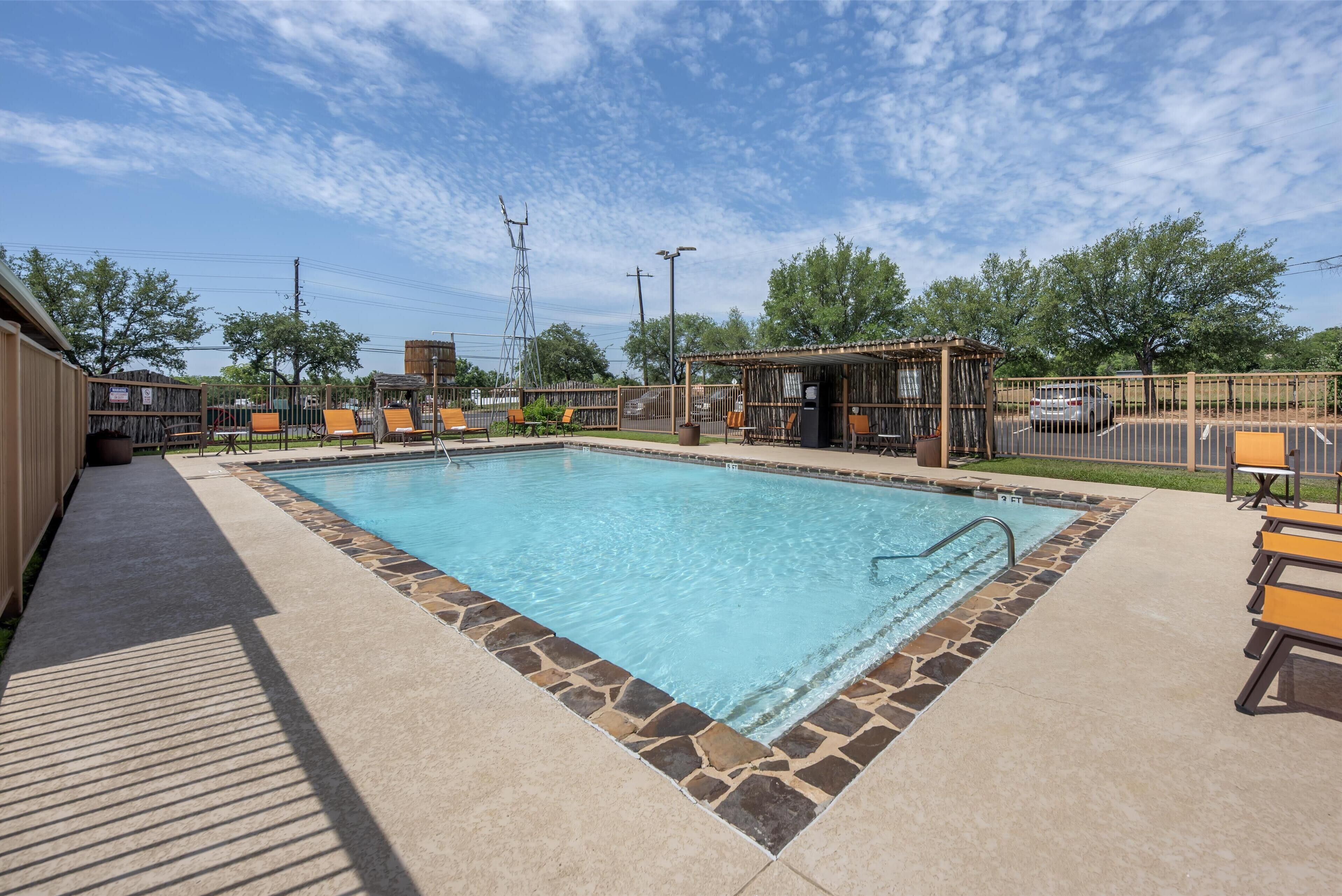 outdoor pool, pool loungers