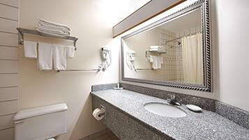 Eco-friendly toiletries, hair dryer, towels, soap