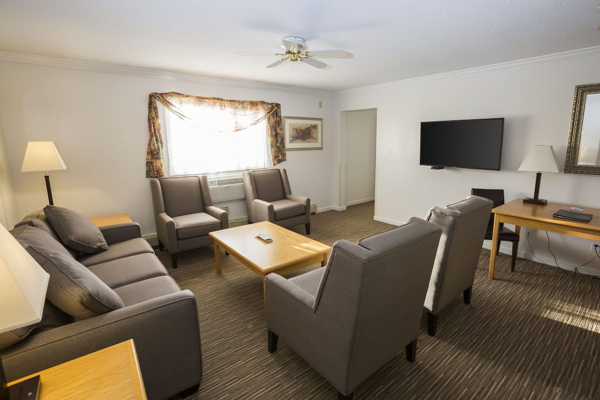 Habitación de hotel con sofá, sillones, una mesa de centro de madera, televisor de pantalla plana y ventilador de techo.