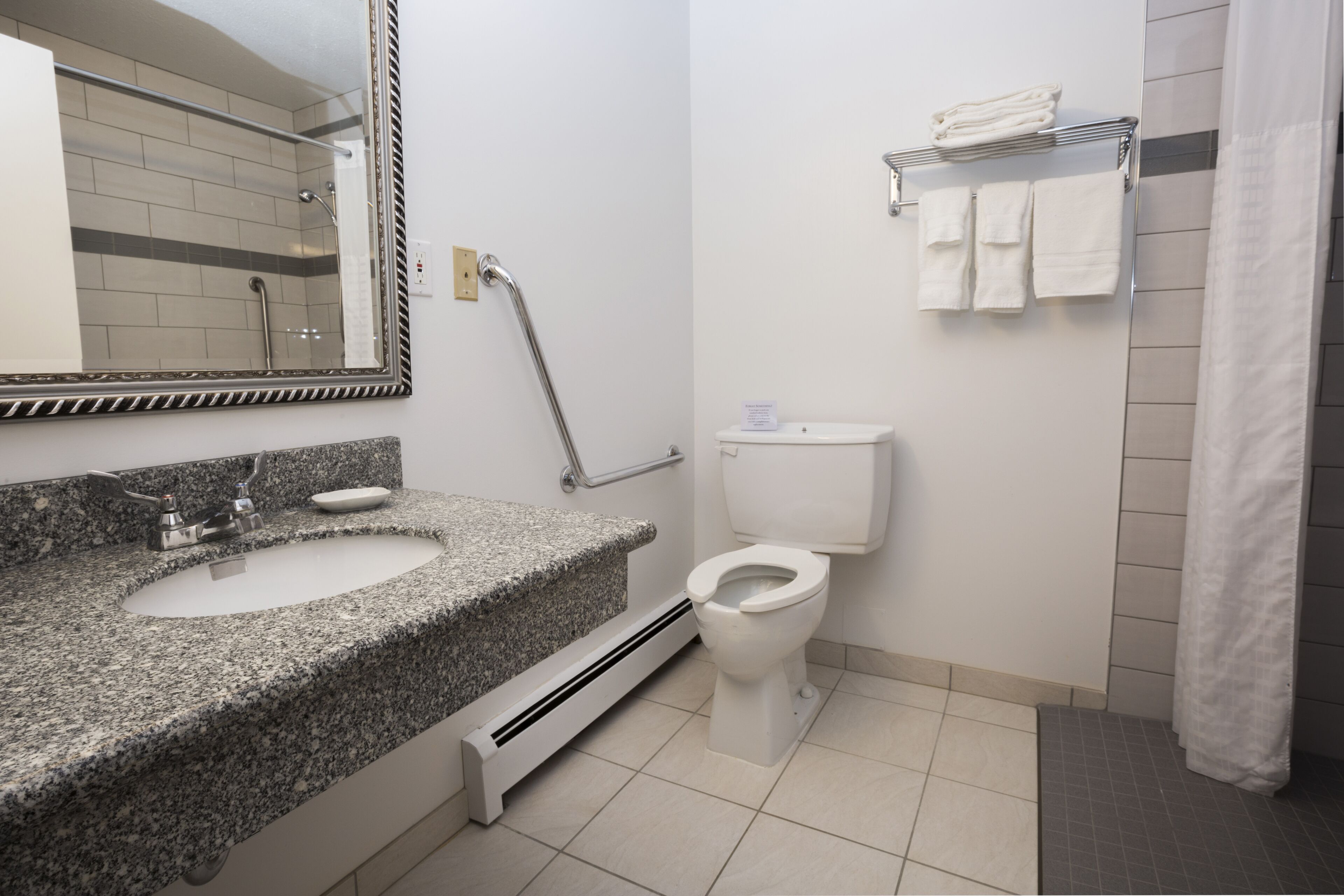 Une salle de bain avec un lavabo en granit, des toilettes blanches, un rideau de douche et un porte-serviettes.