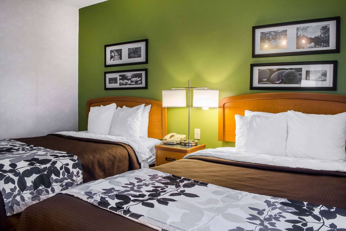 A hotel room with two beds, a nightstand with a lamp, and framed pictures on the wall.