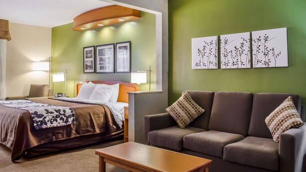 A hotel room with a bed, a sofa, a table, and wall art.