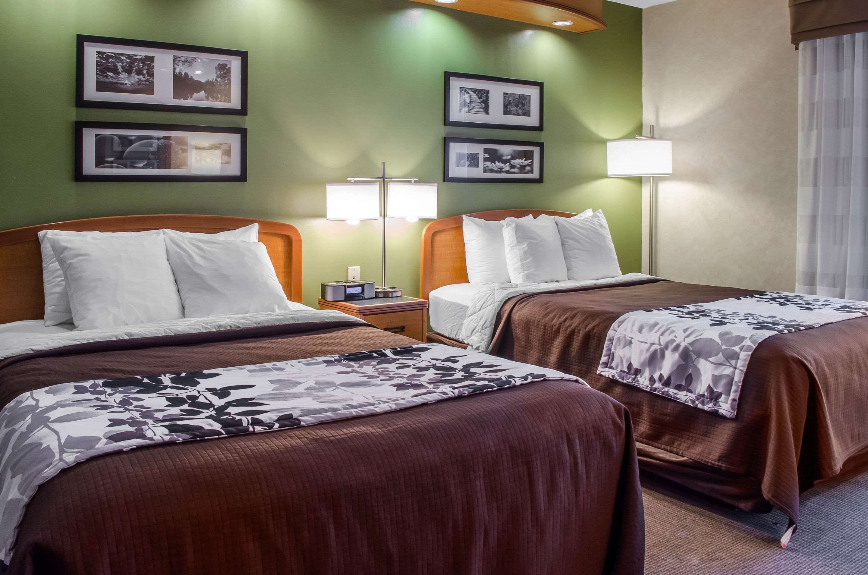 Habitación de hotel con dos camas, paredes verdes, cuadros enmarcados, lámparas de noche y una ventana con cortinas.